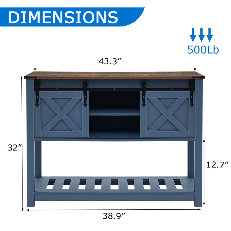 Entryway Table with Storage Shelf, Sliding Barn Doors Console Table for Living Room Hallway, Brun foncé / Bleu