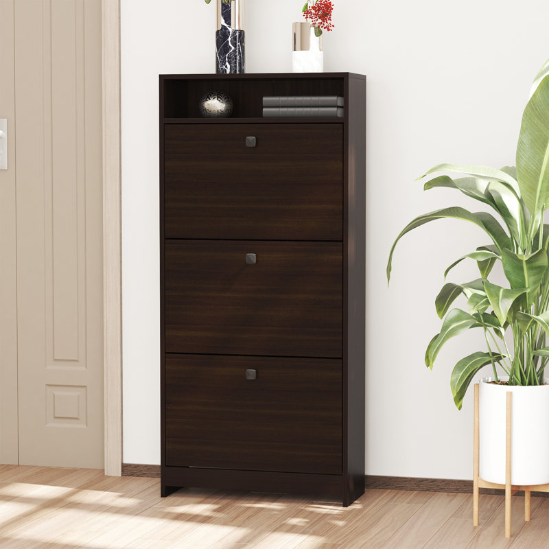 Slim Shoe Cabinet Trendy Shoe Storage Cabinet with 3 Large Fold-Out Drawers Shoe Rack Shoe Organizer, Espresso