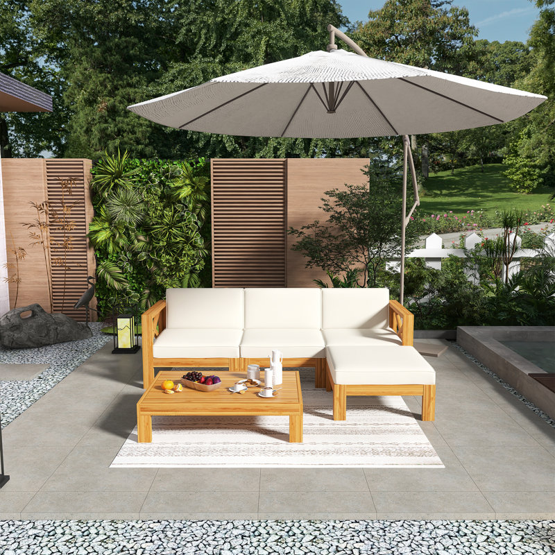 Outdoor Backyard Patio Wood 5-Piece Sectional Sofa Seating Group Set, With Two Corner Sofas,One Armless Sofa, One Ottoman, One Tea Table, 4 Cushions And 3 Back Pillows,Premium Hardwood Frame,Easy To Install
