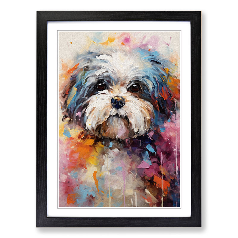 Shih Tzu Impressionism - Single Picture Frame Print on Wood, 64cm H x 46cm W, Black Framed