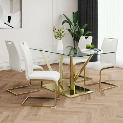 Ensemble de table de salle à manger 5 pièces avec plateau en verre et base en acier inoxydable