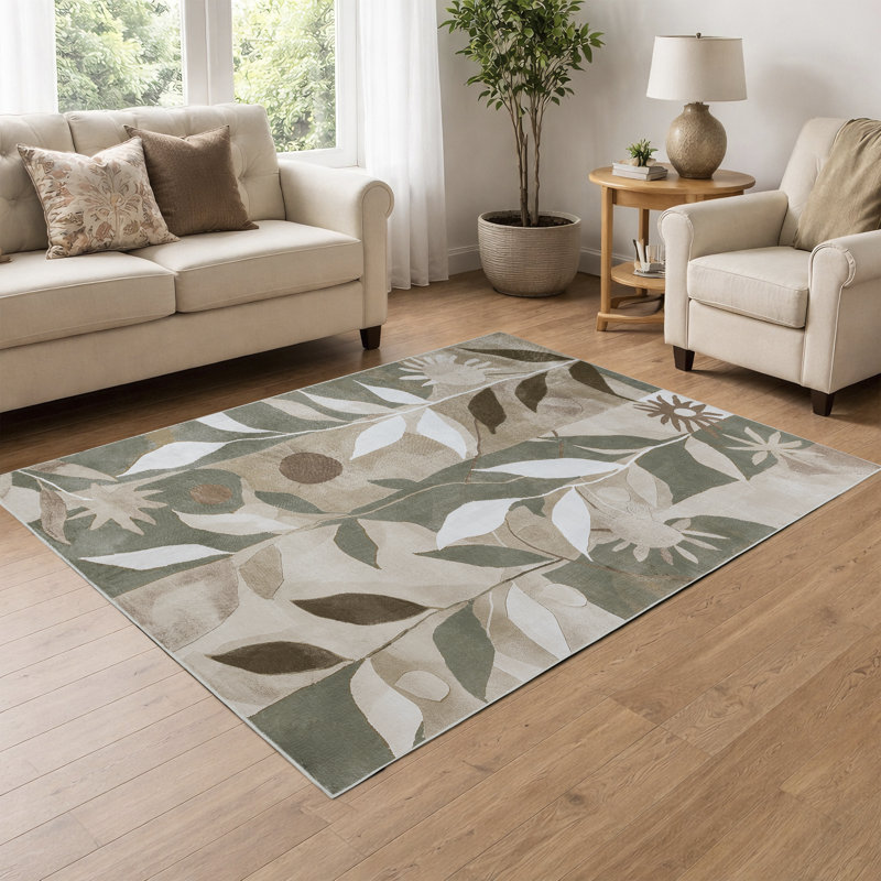 Machine Washable Boho Abstract Floral Area Rug Soft Low-Pile Non-Slip Backing Sage Green/Beige/Brown Indoor Carpet for Living Room, Bedroom, Hallway Runner