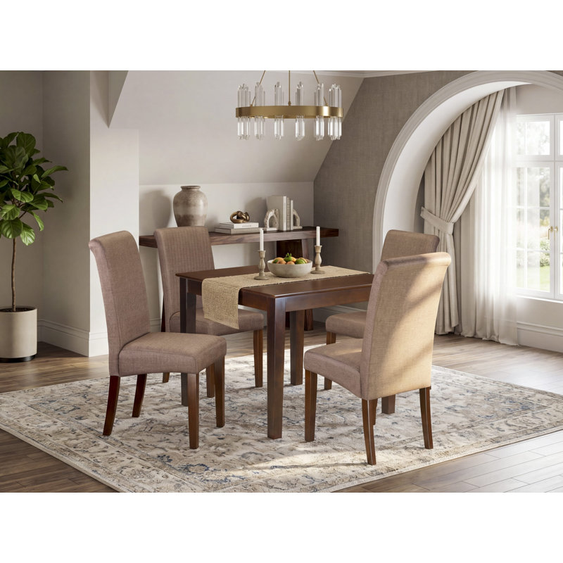 Ensemble de table de salle à manger 5 pièces comprenant une table carrée en bois et 4 chaises Parson rembourrées en tissu brun, acajou