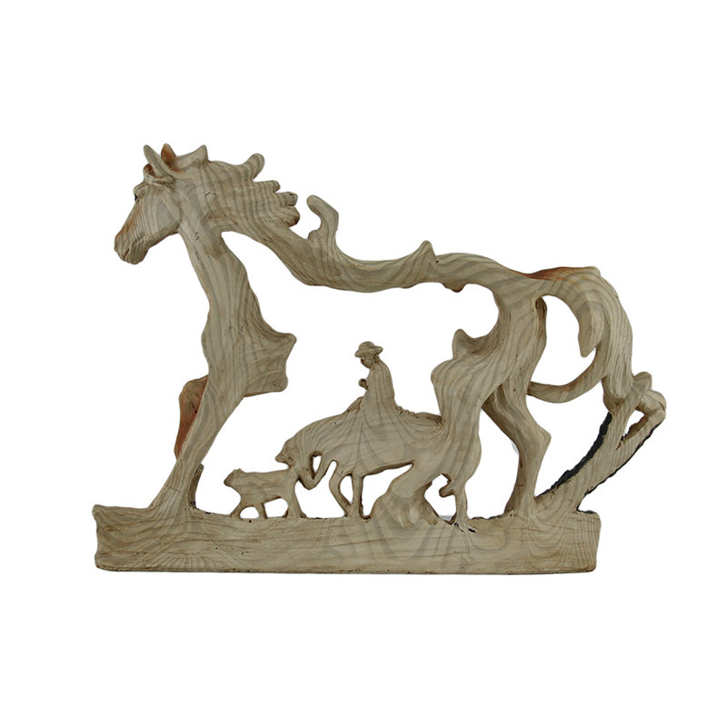 Statuette de table rustique en résine coulée à froid, imitation bois brun, représentant un cheval et un cowboy ; largeur : 29 cm