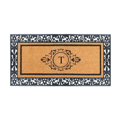 Abhijot Monogram Natural Coir & Rubber Door Mat with Paisley Border — Hand-Flocked, Heavy-Duty, Dirt-Resistant, Non-Slip Outdoor Entry Mat, 30" x 60"