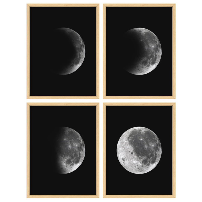 "Phases de la lune en noir et blanc, photographie de nature sauvage, décor moderne" - 4 pièces, Naturel, H 10 po x l 8 po