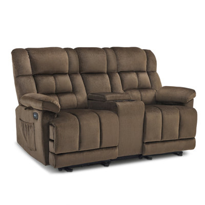 Latitude Run Fabric Power Loveseat Recliner With Console, Electric Reclining Loveseat Sofa With Heat And Vibration, USB Charge Ports For Living Room