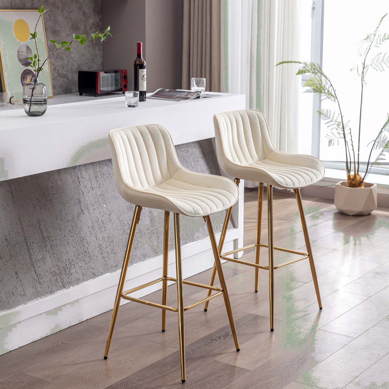 Amyris 30 inch Set of 2 Bar Stools,with Chrome Footrest Velvet Fabric Counter Stool Golden Leg Simple High Bar Stool, Cream