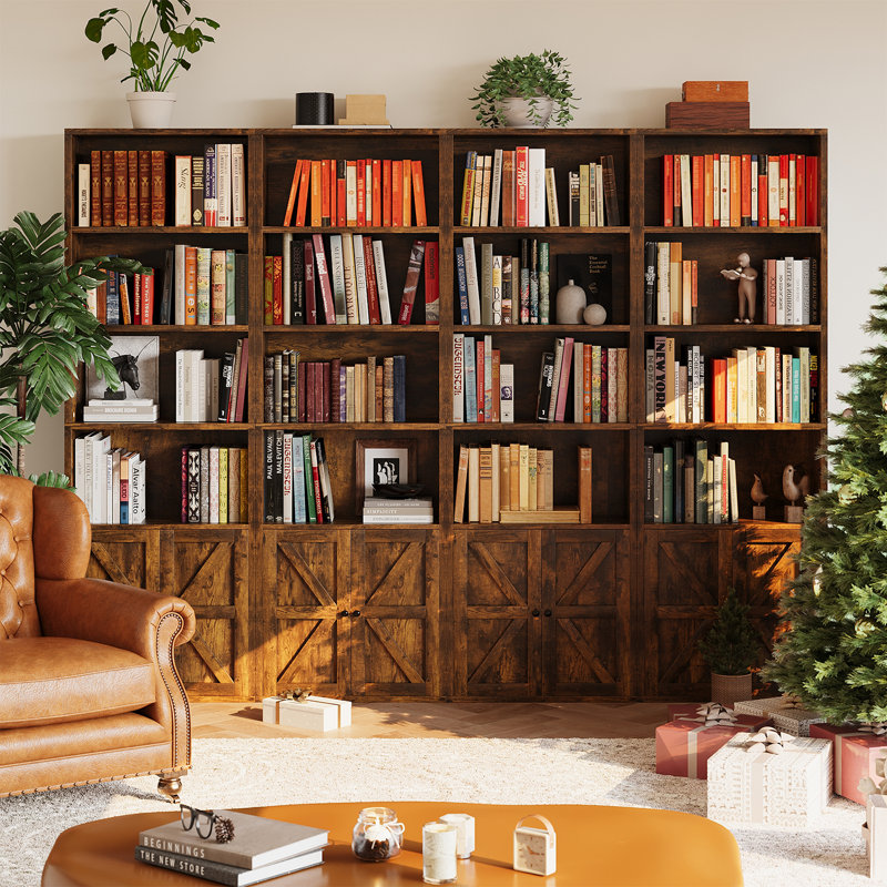  6-Tier Bookshelf Set, 2-Pciece 70 Inch Tall Bookcase with Barn Door！, Brown