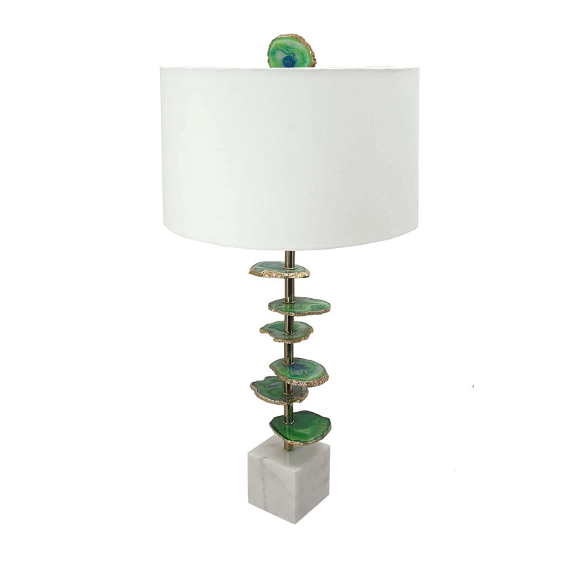 Verdant Agate-Slice Table Lamp with Marble Base 15"Dia. x 29.5" - Green, White