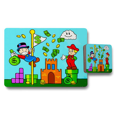 Kids Placemat and Coaster Set Cartoon Money Castle Theme