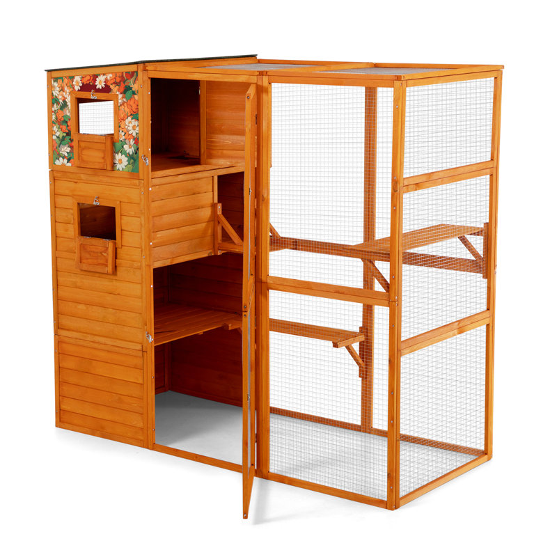 Enceinte d'extérieur pour chat de 70 po de hauteur, 4 designs avec 2 salles de repos et plateformes, toit, motifs colorés oranges, options de placement polyvalentes