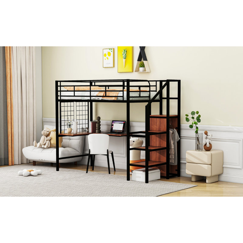 Lit mezzanine simple en métal noir avec bureau et grille. Fabrication robuste. Garde-robe latérale pour optimiser l'espace. Multiples activités polyvalentes. Convient à la décoration d'une pièce. Matelas non inclus Grille de taille en noir.