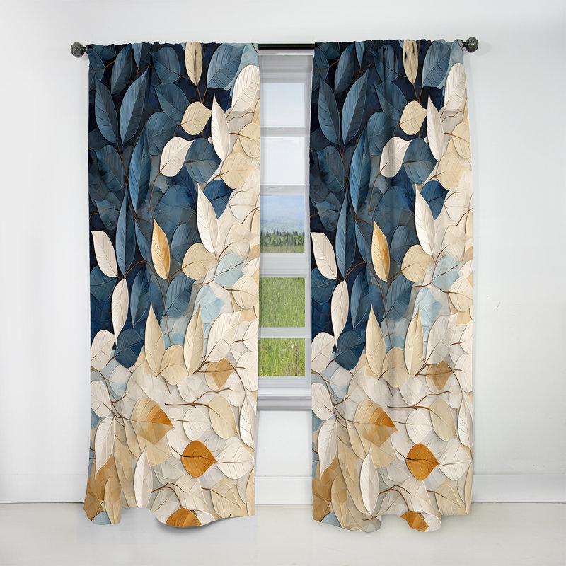Beige And Blue Minimalism Leaves Collage - Leaves Blackout Floral Curtain - 1 Panel, 52" W x 90" L