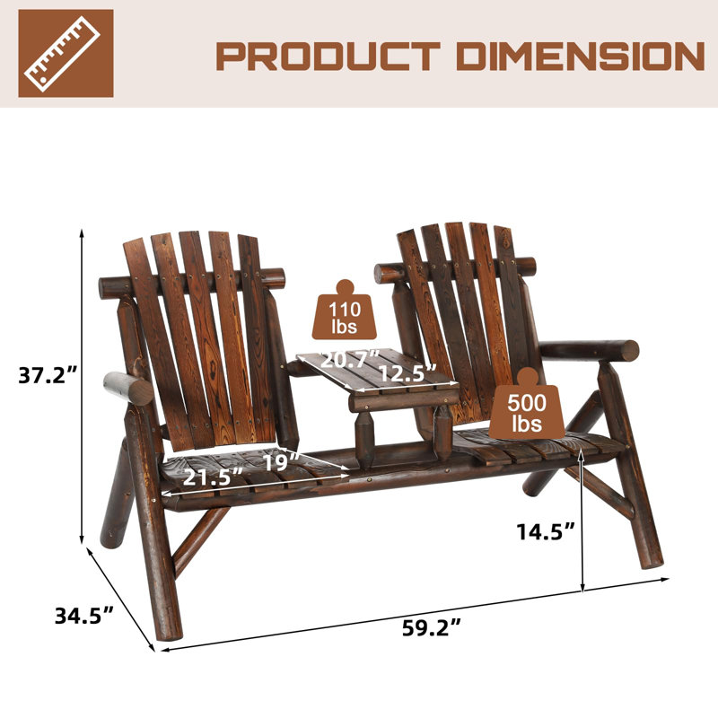2-Seat Wooden Adirondack Chair, Outdoor Log Patio Loveseat With Built-In Table, Patio Bench Fire Pit Chair Porch Furniture Conversation Set For Deck Lawn Pool Backyard, Carbonized