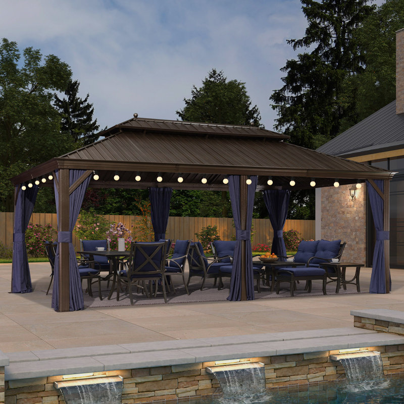 20 pi L 12 pi. D Pavillon de jardin en aluminium avec guirlande de 48 pi