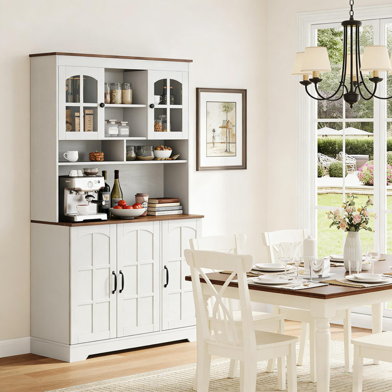 Armoire de rangement de 71 pouces de hauteur avec station de charge avec huche et portes en verre, Blanc / Brun