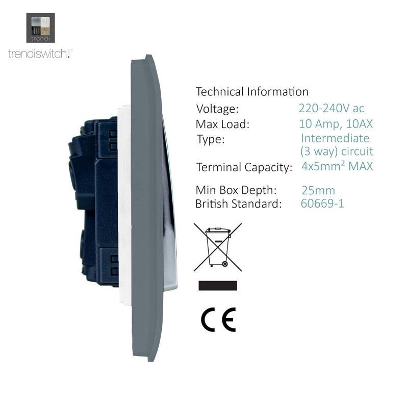 Trendi Switch 2 Gang Intermediate Rocket Light Switch, Warm Grey