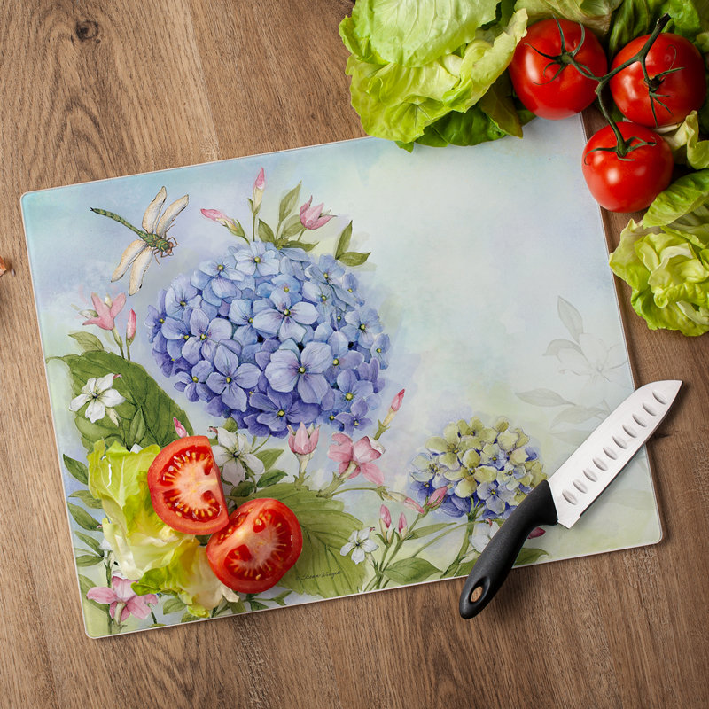 Dragonfly Hydrangea Tempered Glass Cutting Board 15" x 12"