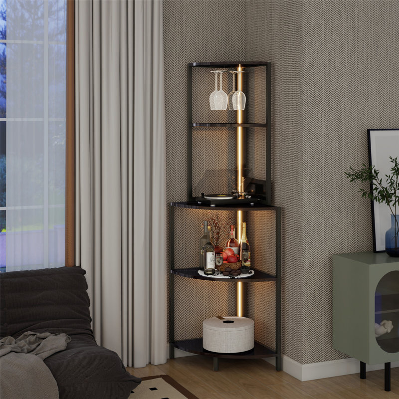 5 Tier Corner Shelf With LED Light And USB Plug, With Glass Holder, Tall Standing Shelf For Wall Corner, Narrow Bookshelf