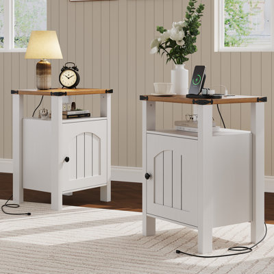 Farmhouse Nightstands Set of 2, White End Tables with Charging Station | Built-in 2 AC outlets and 2 USB ports with cabinet storage, open shelf, ideal for bedroom, living room, and small spaces