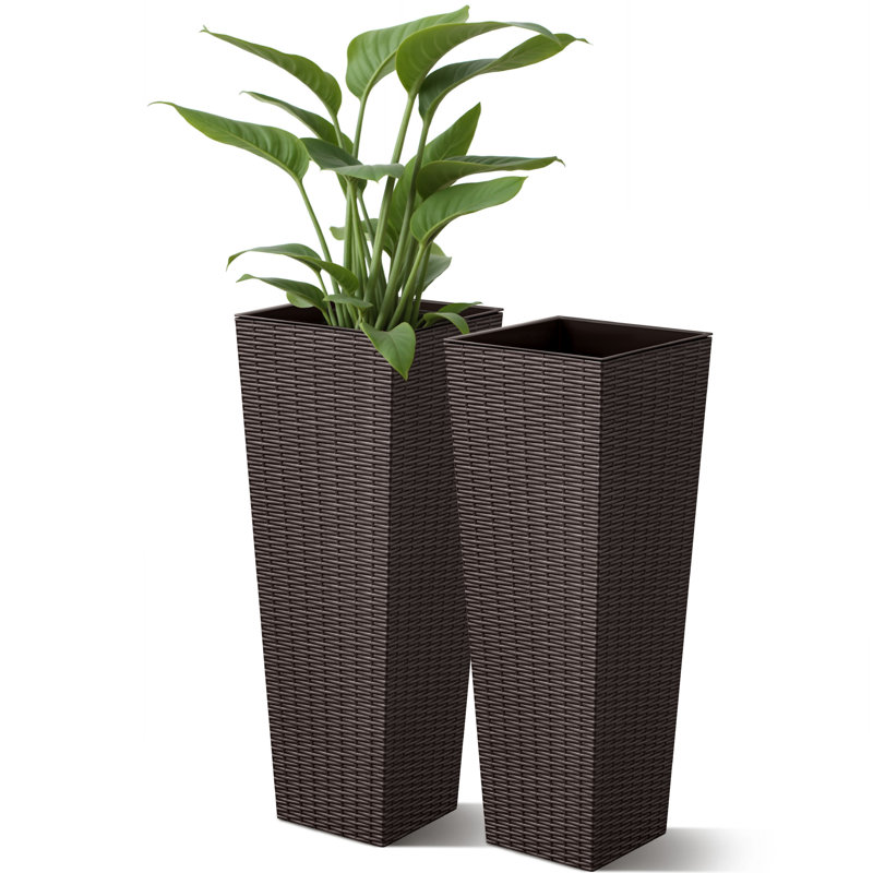2-piece Premium Imitation Rattan Plastic Planters With Drainage Holes, Tall Planter Pots For Indoor & Outdoor Use, Brown