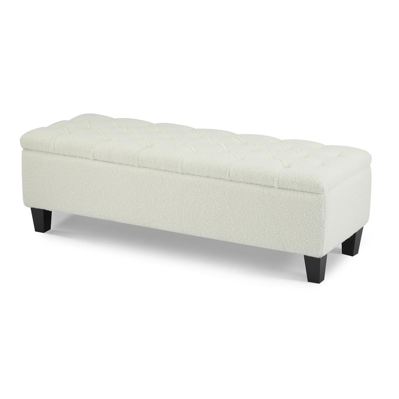 Ottoman Bench With Storage, Whiteboucle Surface, Rubber Wood Legs, 300 Lbs Capacity