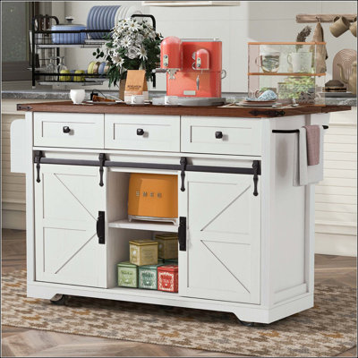 Îlot de cuisine de style campagnard de 136 cm (53,7 po) avec porte coulissante de style grange, abattant, rangement et prise électrique