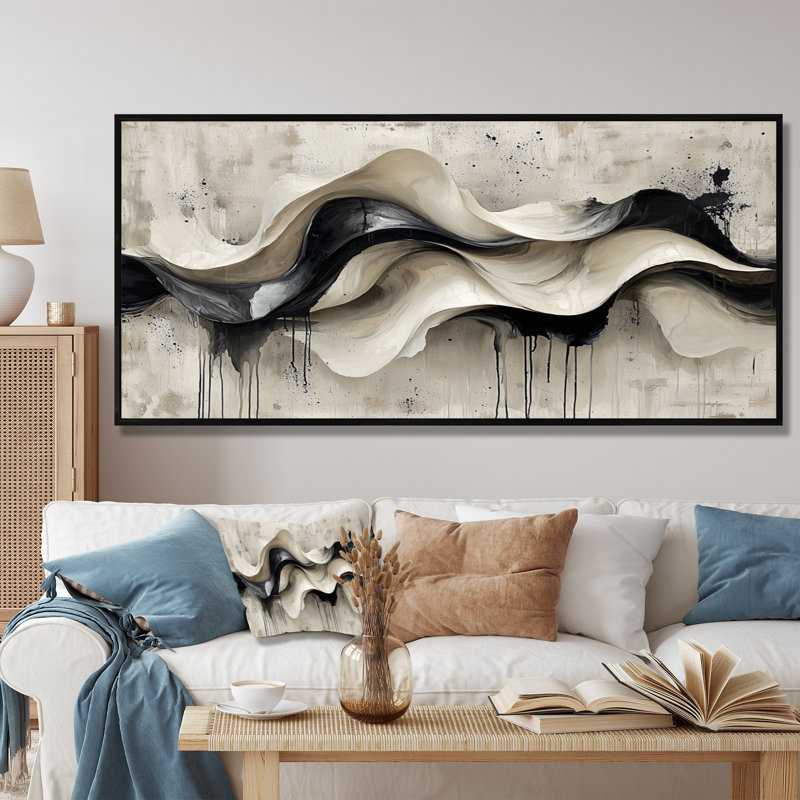 Art mural mural "Vagues modernes abstraites", Noir, H 28 po x l 60 po, Cadre flottant