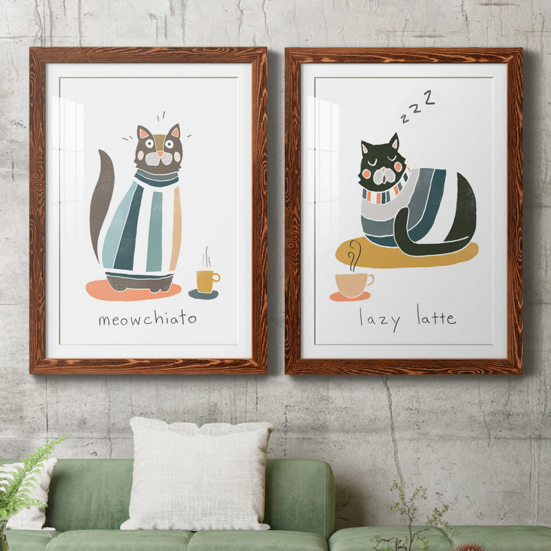 «Coffee Cats», reproduction encadrée - Prêt à accrocher, H 31,5 po x l 47 po x P 1,5 po, Papier avec cadre érable