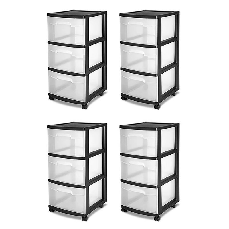 Sterilite 3 Drawer Storage Cart, Plastic Rolling Organizer with Wheels, Black