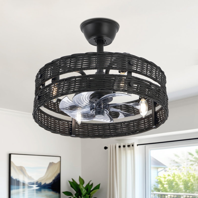 18.5" Rattan Caged Ceiling Fan With Light Kit And Remote Control, Black
