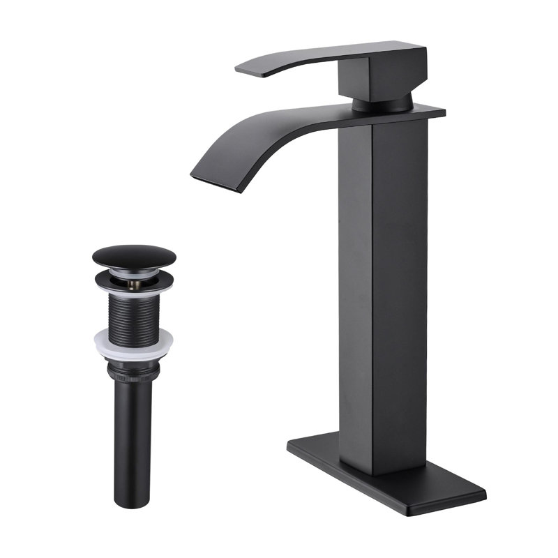 Waterfall Spout Bathroom Sink Single Handle Faucet with Pop-Up Drain (No Overflow), Matte Black