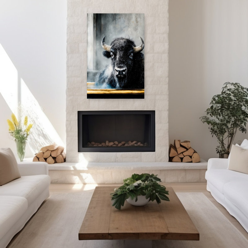 «Steamy Bison Portrait», art mural contemporain bison, H 48 po x l 32 po