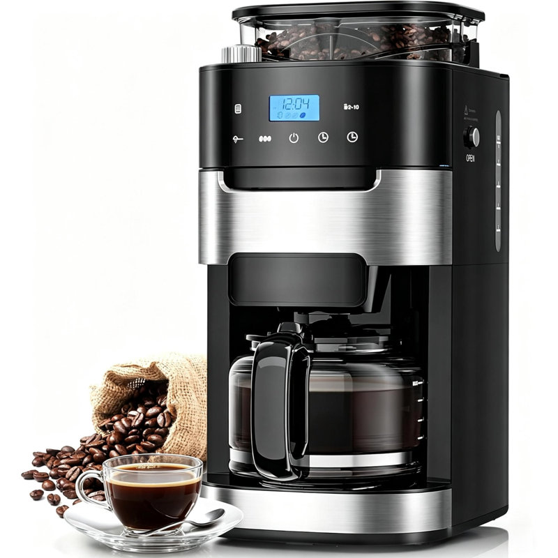 COWSAR 10 Cup Drip Coffee Maker with Built-in Grinder, Grind and Brew Programmable Feature, 220g Bean Hopper, Adjustable Settings, Descaling Alert, Timer, Keep Warm, and LED Touchscreen.