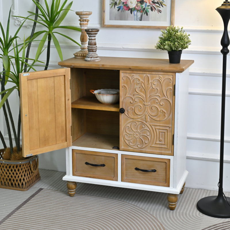 Buffet d'appoint à portes sculptées à motifs floraux, 80 x 36 x 90 cm, bois massif, une pièce, coffre d'appoint, marron et blanc, portes sculptées en relief avec finition vieillie