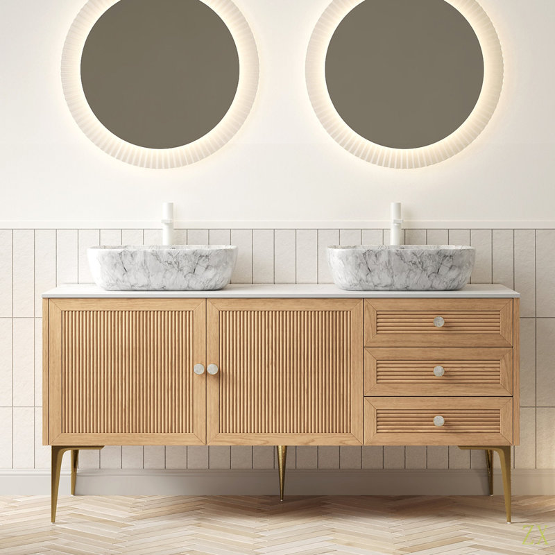 Meuble-lavabo et lavabos de 60 po MUNIN, armoire de rangement autoportante en contreplaqué avec pieds, 2 portes et 3 tiroirs, plateau en pierre frittée Carrara et 2 lavabos en céramique à motif marbre, pré-assemblé