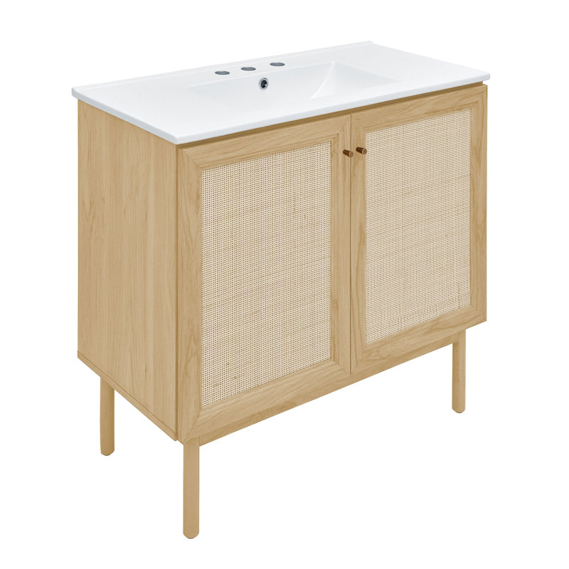 Classe 36" Freestanding Bathroom Vanity in Natural Oak with 3-Hole Widespread Sink Top, White, 8" Widespread, Natural Oak
