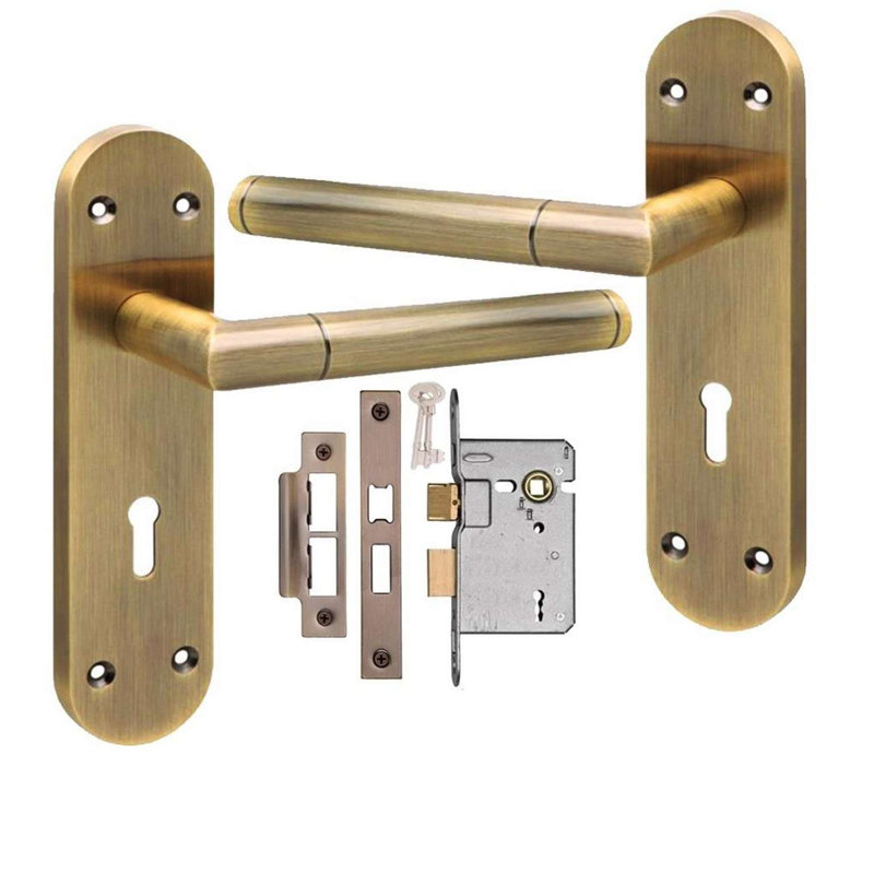 Golden Grace 1 Pair Victorian Mitred Design Long Rounded Backplate Straight Door Handle Antique Brass Metal 3 Lever Lock Set - 182mm x 45mm