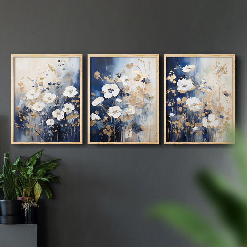 Étude florale, série CI, ensemble de 3 estampes giclées encadrées, prêt à, Encadré naturel, H 10 po x l 8 po