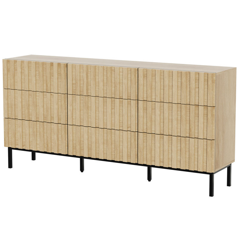59.1'' W 9 Drawers Wood Strips Dresser, Ivory