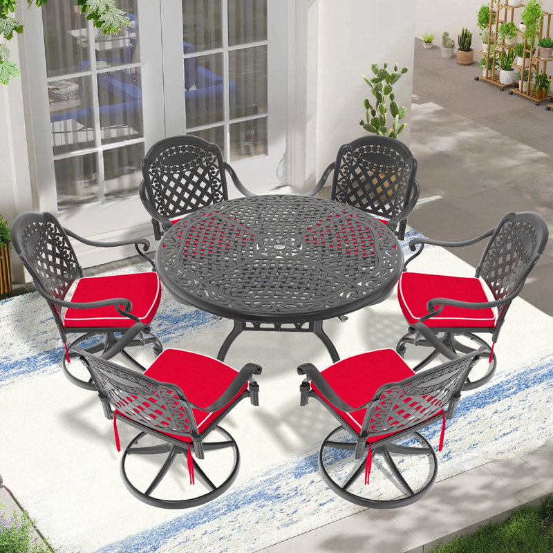 Table ronde de 48,03 po et 6 chaises pivotantes, 7 en aluminium, cadre noir, résistant aux intempéries, 6