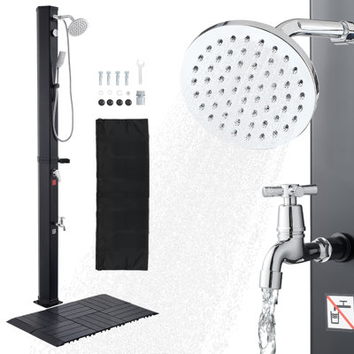 10.6 Gal Solar Heated Shower, 6.7ft Showerhead Height Outdoor Shower, with Floor Kit & Handheld & Foot Faucet, Hot & Cold Water Adjust, Freestanding for Backyard Poolside Beach Pool,Black