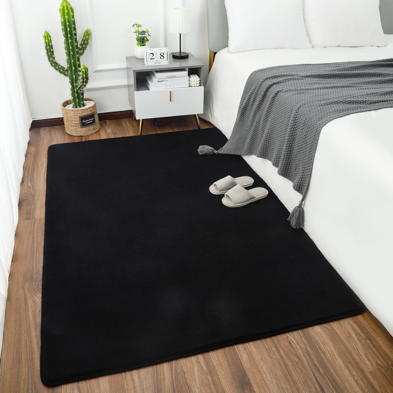 Rectangle Mardena Solid Color Machine Tufted Shag Microfiber Area Rug in Black, Rectangle 5' x 8'