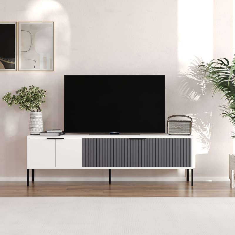 Meuble télé moderne, blanc et anthracite, 59,1 po x 17,7 po x 11,8 po | 100% panneau de particules enduit de mélamine, épaisseur: 0,7 pouce | Design mural géométrique, élégant et fonctionnel pour le salon et les espaces de divertissement