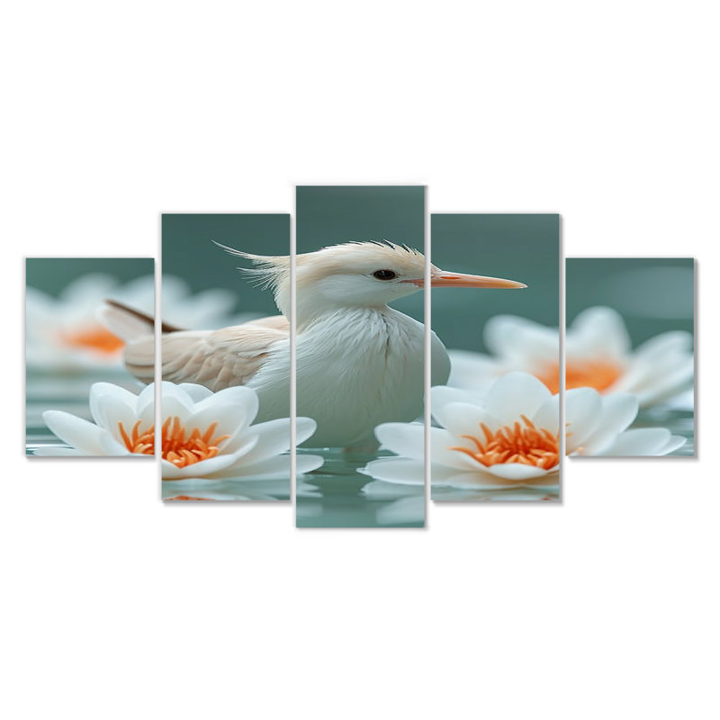 Bébé canard dans un étang avec fleurs blanches - ensemble de 5 pièces d'art mural