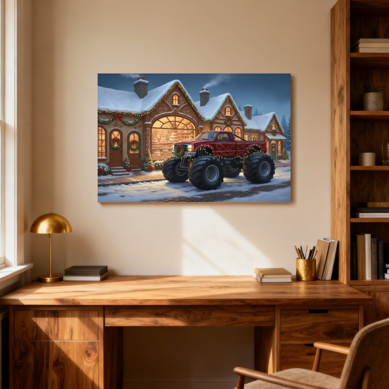 Maison de Noël avec camion monstre, H 32 po x l 48 po