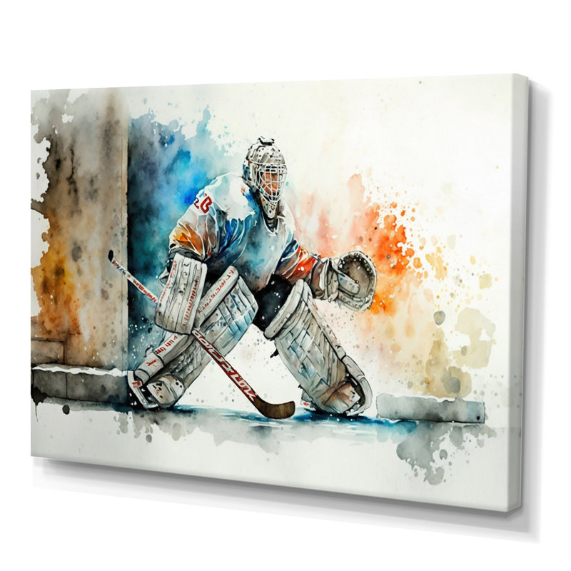 Gardien de but pendant le jeu I - Peinture sur toile, H 30 po x l 40 po x P 1,5 po, Toile tendue