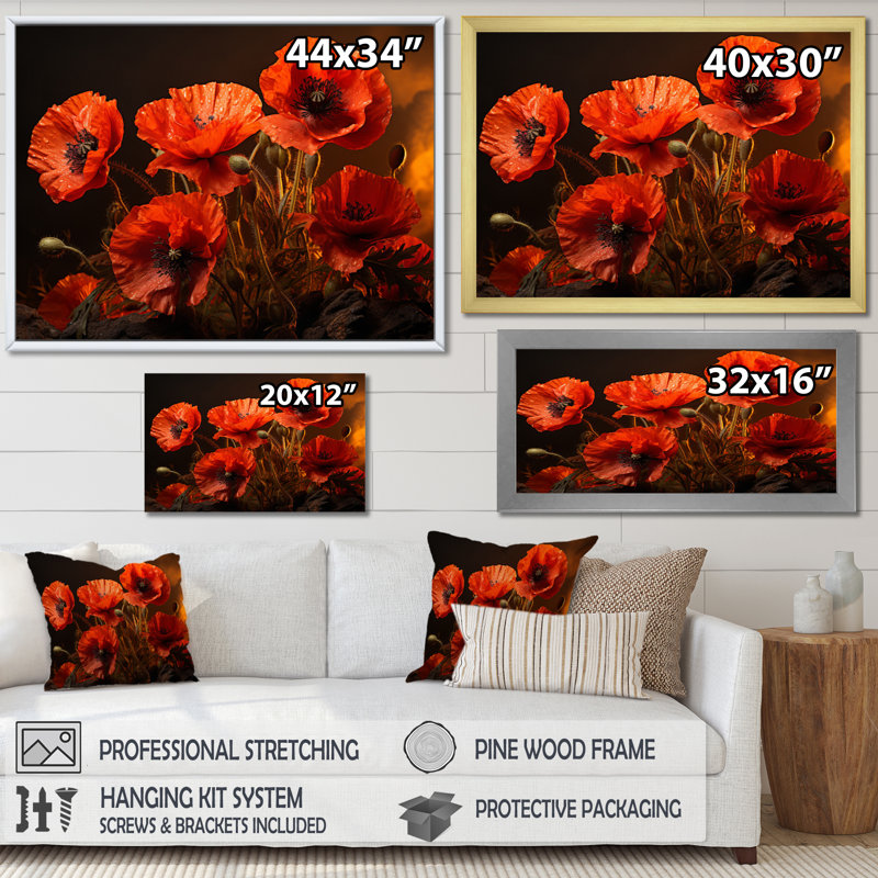 Art floral sur toile coquelicot, impression de champ de fleurs rouges - Champ de coquelicots rouges III, Cadre flottant blanc