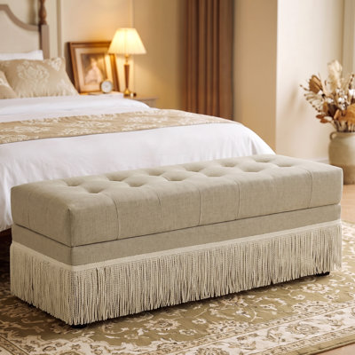 Banc de rangement 47,2 po avec frange de sécurité, banc de bout avec rangement, repose-pieds en lin capitonné pour le salon et le vestibule